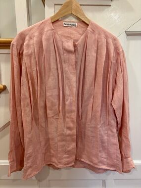 1980s Vintage Calvin Klein Pink Linen Pleated Top Blouse Button Down Size 8 M